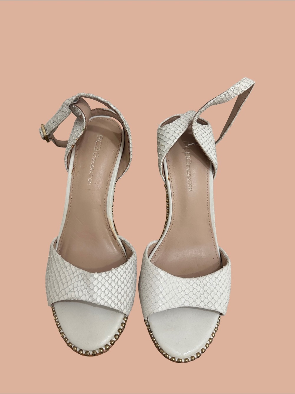 BCBGeneration White Snake-Embossed Ankle Strap Heels
